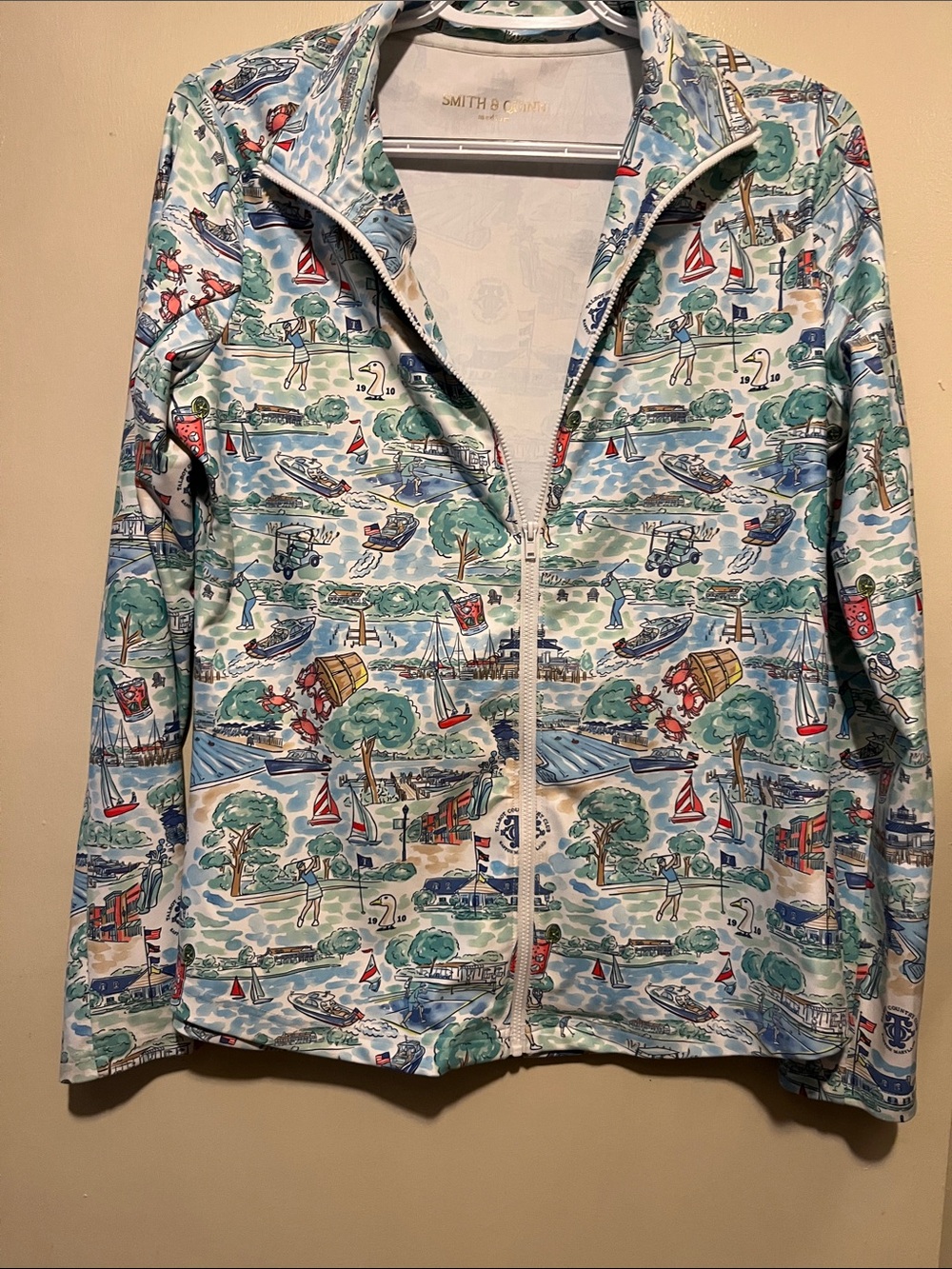 SMITH & COMPANY Light Blue Nautical Print Zip-Up Long Sleeve Top